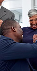 Businessman, applause and team in office with fist bump, success and profit for stock trading company. Happy, people clap and celebration in workplace for investment opportunity, revenue and income.