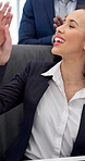 Businesswoman, applause and team in office with high five, job promotion and hug for congratulations. Happy, people clap or celebration with embrace for career goals, success and well done for award.