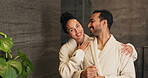 Hug, mirror and morning routine with couple in bathroom of home together for bonding or love. Grooming, hygiene and reflection with happy people in apartment for connection, security or trust