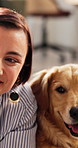 Happy, selfie and woman with dog in house for bonding, memory or adoption in living room. Smile, love and female person with golden retriever puppy for photography picture for social media in home.