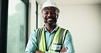 Civil engineer, face and happy man with arms crossed in building, property management or real estate. Mature architect, portrait and black person with helmet, renovation and architecture in Kenya