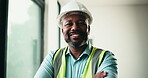 Architect, face and happy man with arms crossed in building, property management or home renovation. Mature civil engineer, portrait and black person with helmet, confident and architecture in Kenya