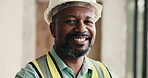 Architect, face and happy man with helmet in building, property management or real estate investment. Mature civil engineer, portrait and black person with smile for house renovation and architecture