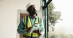 Architect, inspection and man with tablet in house, info or planning for property development on web. Mature civil engineer, online and black person with tech, home renovation and quality assurance