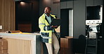 Face, laptop and real estate with black man in kitchen for home improvement or upgrade project. Computer, renovation estate and review with mature construction worker in apartment for property update