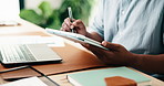 Man, hands and writing with tablet in office for web design, schedule or online planning. Male person, designer or checklist with technology for UX, UI development or creativity on desk in workplace
