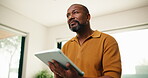 Black man, tablet and thinking with stylus for remote work, editing article and creative process in home. Project draft, freelance writer and tech for proofreading, editor and story development plan