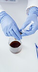 Lab, scientist and hands with chemical for experiment, biotechnology or drug development with gloves. Pharmaceutical, healthcare professional and person with syringe for medical research and above