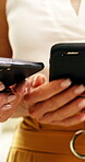 Hands, phone and sharing with woman friends in circle for communication, download or post. App, social media and text message with mature people typing on mobile for browsing, networking or search