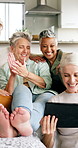 Applause, tablet and watching with women on sofa in home living room together for streaming. App, bonding and clapping with mature friends in apartment for digital entertainment, hangout or reunion