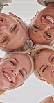 Fun, face or friends in house with huddle, bonding together or happy moment in reunion. Playful, low angle or mature women in home with group embrace, optimism or connection in healthy relationship.