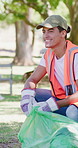Happy, man and volunteer cleaning in park with trash bag, NGO or thinking about social responsibility. Person, reflection and charity team outdoor with garbage collection, recycling or stop pollution