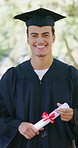 Graduation, face or man on campus with certificate, college pride or optimism in academic achievement. Education, happy or university student with gown, confidence or milestone in diploma ceremony.