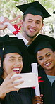 Graduation, peace sign or friends with selfie on campus, milestone memory or picture for social media. Tongue out, college diploma or people with photography for education success, happy or web post