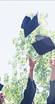 Graduation, cap throw or friends outdoor with success, achievement or college celebration at farewell event. Happy, people or students with hat toss, university milestone or unity at diploma ceremony