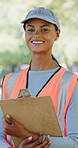 Volunteer, face and woman with clipboard outdoor for NGO initiative, earth day or community service. Sustainable project, happy person and checklist for park restoration, trash picking and outreach