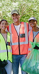 People, volunteer and face in nature for recycle, social responsibility and environmental care. Group, teamwork and outdoor with bags to collect rubbish, cleaning and Earth Day awareness with pride