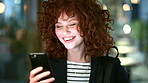 Woman, smile and phone in office for commute, scroll or social media browse with agenda. Night, mobile app and finance person done with tech for communication, networking and contact for schedule