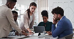 Business people, discussion and documents with collaboration in boardroom, planning or strategy. Team leader, group and meeting with proposal file, pitch prep or paperwork with agenda in workplace