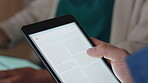 Hands, scroll and employee with tablet screen in office, financial planning and market research info. Corporate, investment analyst and people with tech for pitch preparation and revenue forecast
