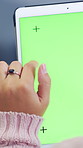 Hands, scroll and tablet with green screen, online and search for ebook on website and subscription. Browsing, novel and person with tech for entertainment, display and fiction series on social media