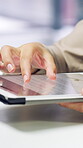 Creative, research and hands with tablet in office, review and plan for magazine publication on web. Newsroom, writer and person with tech, check and browsing article on app and story development