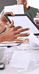 Hands, documents and meeting with tablet screen for business planning or project briefing in office. People, employees or colleagues with paperwork, technology display or mockup space for app review