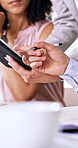 Hands, notebook and tablet with business people in boardroom together for discussion or meeting. App, pen and writing with employee team in office for conversation, digital report or feedback