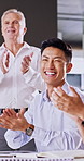Smile, celebration and team with applause for success, achievement or collaboration goal. Clapping hands, happy and excited business people for partnership, good news or congratulations in office
