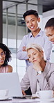 Meeting, manager or business people with laptop in office, funding proposal review or project feedback. High five, happy team and director with pc for grant request approval, thumbs up and support