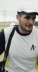 Done, baseball team and happy walk on field for practice success, post match energy and bonding. Captain, men and leaving stadium with sports gear for game end, training session and tournament finish