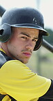 Outdoor, sport or man with baseball bat for fitness, swing practice or concentration for competition. Training, drills or player with gear for contest preparation, coordination or skill development
