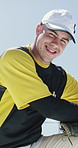Face, man and baseball pitcher with smile at sports park, fitness and confidence for competition. Portrait, player and professional athlete with glove outdoor, happiness and game training in USA