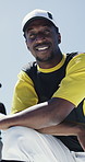 Face, man and baseball player with confidence for game training, fitness and arms crossed for pride. Portrait, pitcher and professional athlete outdoor, smile and ready for sports competition