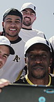 Outdoor, team or baseball player laughing for selfie, social media or picture for sport club web page. Training post, fitness or happy men with photography for contest memory, rabbit ears or bonding