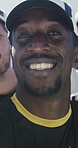 Baseball player, face and happy man with team, outdoor and confident for sport competition or match. Athlete, portrait and laughing with people, fitness and smile for softball practice and tournament