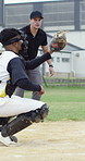 Man, catcher and game on field for baseball, fitness and competition for score defence. Athlete, people or defensive play outdoor with glove, tag avoidance and ball for base shot of sports tournament