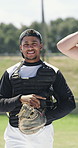 Face, man and baseball catcher at sports park, fitness and confidence for competition outdoor. Portrait, player and professional athlete with helmet for safety equipment, glove or game training