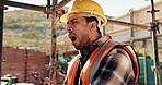 Construction site, man and phone with yawn for fatigue, renovation and civil engineering mistake. Tired contractor, burnout and low energy with industrial overtime, architecture or maintenance