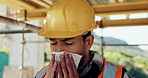 Construction site, man and sneeze with flu for building, renovation and civil engineering fatigue. Sick contractor, tissue and burnout with industrial debris, architecture or maintenance dust