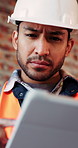 Civil engineer, confused and man with tablet in building, online or planning for architecture design. Architect, reading and person with tech for property development, concern and typing info on web