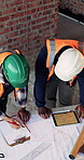 Construction, tablet and men with checklist on blueprint for building tasks, compliance and above. Architecture, writing and workers with clipboard for project timeline, team inspection and progress