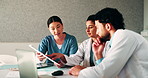 Doctor, nurse and talk in hospital with clipboard, review health insurance report or check paperwork. Healthcare worker, people and plan in clinic with medical aid policy, collaboration or discussion