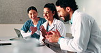 Medical, team and clapping in hospital with laptop, collaboration and good news for patient recovery. People, smile and talk in clinic with healthcare success, applause and computer for notification.