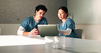 Reading, nurses and people with laptop in office, case study discussion or plan healthcare treatment. Research, team and medical resident with brainstorming for diagnosis, pc or patient care proposal