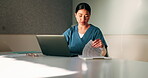 Laptop, nurse and Asian woman with document in office, hospital admin and typing surgery schedule. Medical system, operation timetable and theater resident with pc for planning, review and research