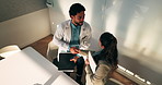 Doctors, handshake and team with meeting at clinic, above and motivation with director in boardroom. People, smile and medical professional with shaking hands, success or wellness service at hospital