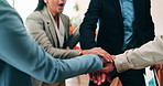 Teamwork, stack and hands of business people in office for motivation, company deal and success. Solidarity, applause and mission with employees in agency for  achievement, collaboration and support