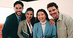 Happy, collaboration and face of business people in office with confidence for finance career growth. Teamwork, diversity and portrait of financial advisors with pride for about us in workplace.
