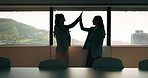Women, high five and success at office by window with goals, profile or recruitment at HR company. Business people, motivation and hug for promotion, agreement or thanks at human resource agency